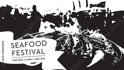 High-contrast black and white scene from a seafood festival with fish on ice and bustling stalls.