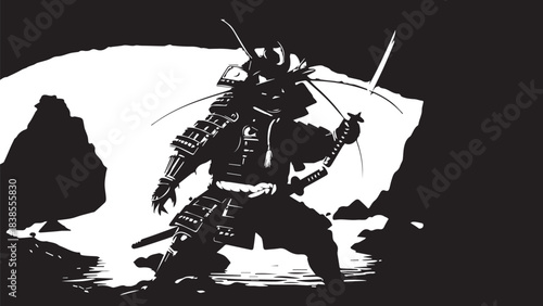 Silhouette of a lone warrior with sword in a stark monochrome landscape.