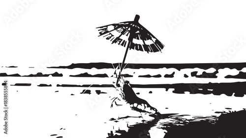 High-contrast beach scene with a solitary parasol and figure on the shore.