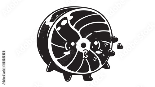 Monochrome spiral snail shell illustration with geometric pattern.