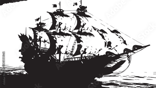 Historic sailing ship silhouette gliding across the open sea with tall masts and billowing sails.