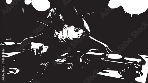 Live DJ Performance at Night with Turntables, Mixer, and Vinyl Setup in Silhouette.