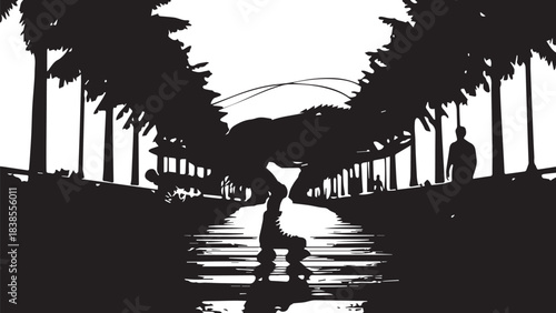 Silhouette Walkway Between Rows of Palm Trees Along a Reflective Coastal Path.