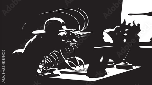 Monochrome noir silhouette of a person at a desk with lamp, papers, and a moody night ambiance.