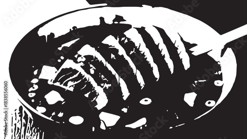 High-contrast abstract of a fish skeleton on a plate in black and white.
