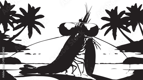 Silhouette of a Person Surfing on a Tropical Beach During Sunset with Palm Trees.