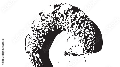 High-contrast circular textured abstract shape with stippled surface in monochrome.
