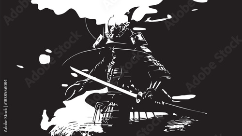 Silhouette of a ninja warrior with a katana in dynamic pose.