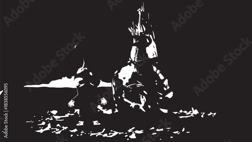 Silhouetted group around campfire at night sharing stories and warmth.