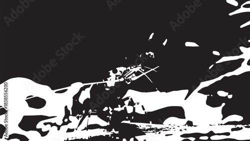 Abstract monochrome composition featuring stark black and white contrasts and fragmented shapes.