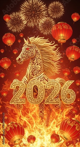 Golden ornate Fire Horse emerging from intense flames surrounded by red lanterns and bright fireworks. Celebrating Chinese New Year 2026 Eastern lunar zodiac for fortune and prosperity.