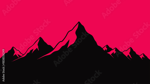 A vibrant magenta sky dramatically backlights a strong, minimalist silhouette of a majestic mountain range, creating a modern and powerful graphic design.