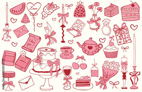 Hand drawn line art illustration set featuring whimsical wedding coquette aesthetic elements Elegant coquette party hand drawn elements. Casual vintage vector illustration for invitations, cards