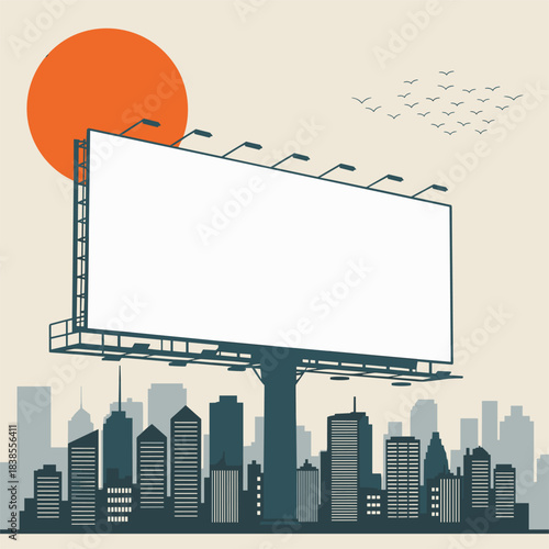 Urban cityscape billboard illustration with empty advertising space, sunset background, birds in sky, modern skyline silhouette, outdoor signage design for marketing presentations