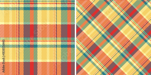 Tartan textile plaid of vector pattern seamless with a texture check background fabric. Set in happy colors for fashion trends for every season and holiday.