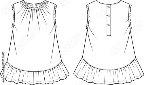 Girls sleeveless top fashion flat with gathered neckline, ruffle armholes, button placket back, flared ruffle hem, technical apparel sketch template for designers