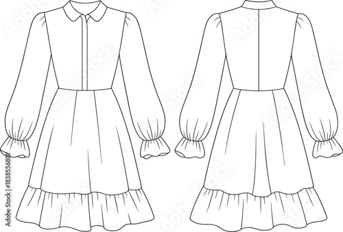 Girls long sleeve ruffle dress fashion flat sketch with collar, gathered cuffs, tiered skirt and waist seam, technical garment drawing template for apparel designers