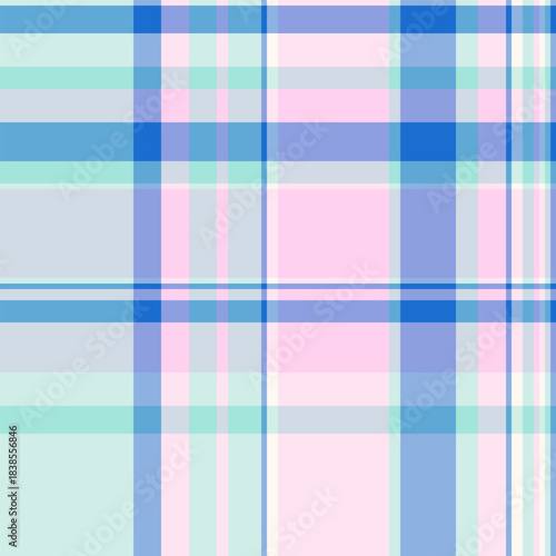 Chequered fabric texture pattern, classy check seamless background. Patterned plaid tartan textile vector in light and blue colors.