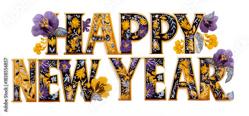 Happy New Year is made with a yellow, purple, and black Kashan pattern isolated on a white background.