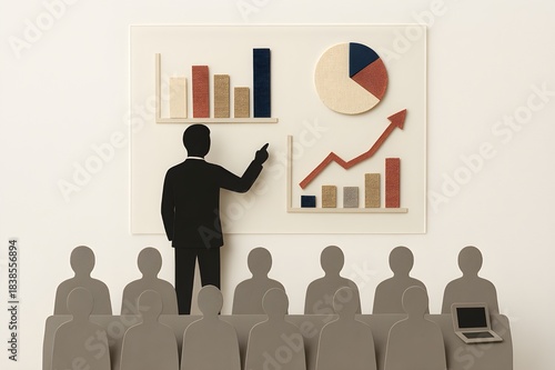 Stylized Paper-Cut Business Presentation with Charts and Audience