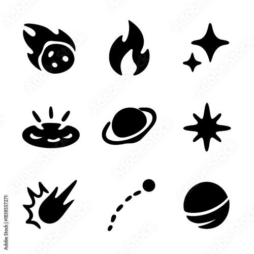 Black silhouette icons of celestial bodies and cosmic phenomena on gradient background