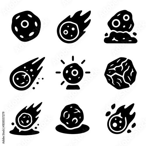 Set of nine meteor icon illustrations on dark background