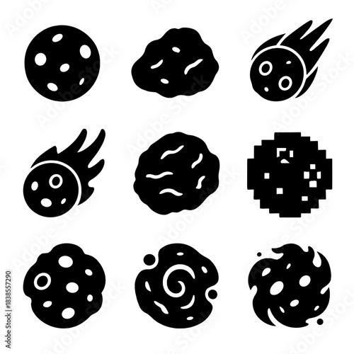 Set of nine asteroid icons on gradient background for space design projects