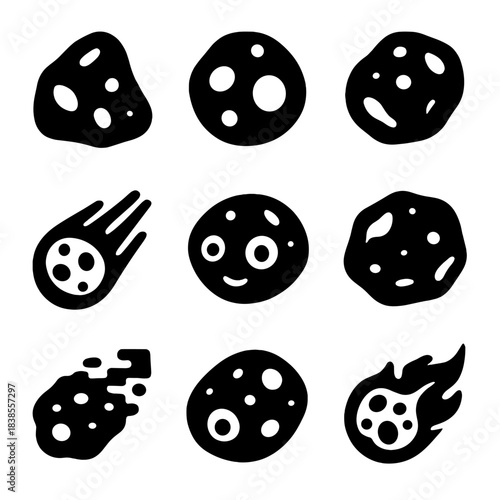 Set of cartoon asteroids and meteorites with smiling faces on dark background