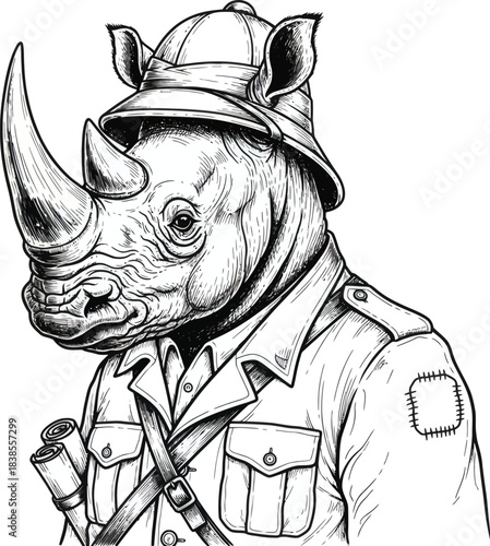 Detailed rhino soldier character in vintage uniform illustration