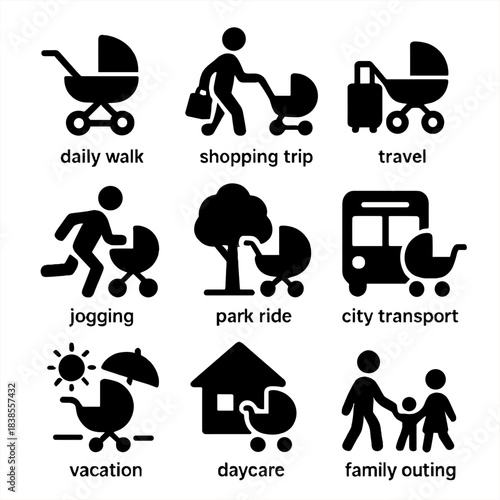 Daily activities with baby stroller icons for family and travel themes