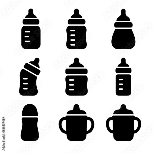 Set of baby bottle and sippy cup icons on gray background