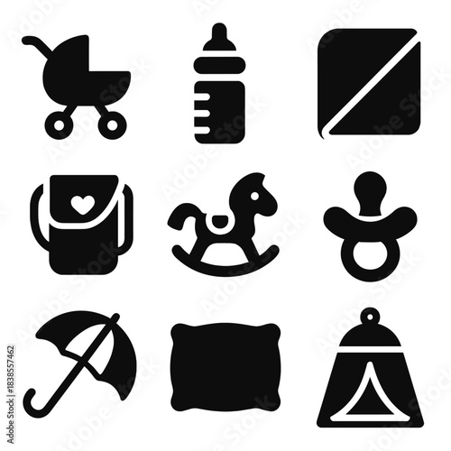 Baby essentials icons: stroller, bottle, rocking horse, and more