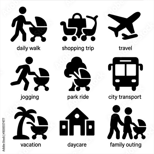 Icons of family activities: travel, shopping, jogging, and daily life