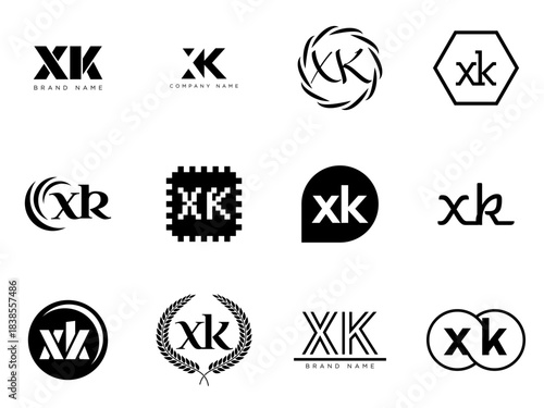 XK logo company template. Letter x and k logotype. Set different classic serif lettering and modern bold text with design elements. Initial font typography.