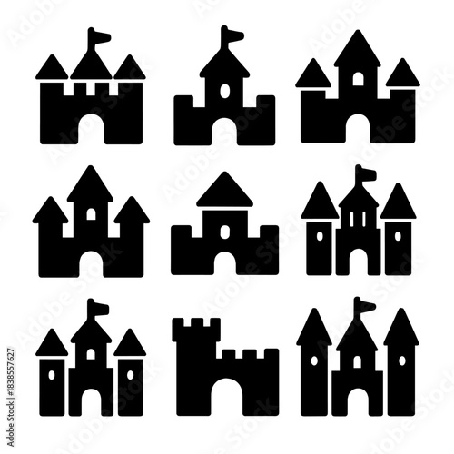 Silhouette castle icons set on black background - vector design elements