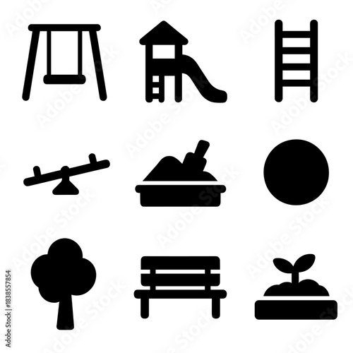 Playground equipment icons set featuring swings, slides, ladders, sandbox, and trees