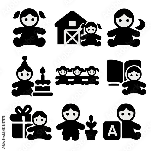Cute child icons set featuring toys, gifts, and celebrations