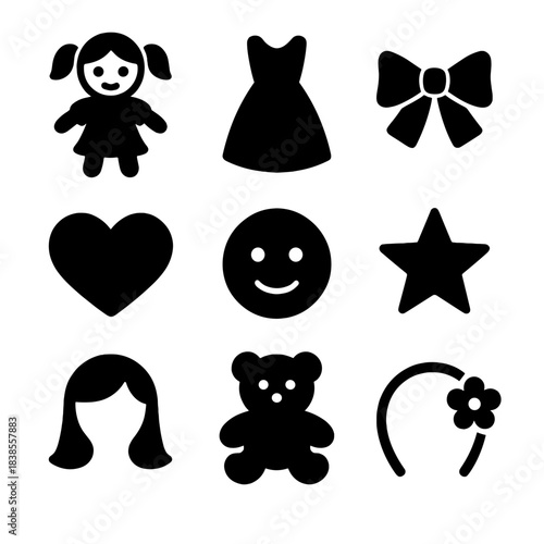 Cute icons including dress, bow, heart, and teddy bear on gradient background