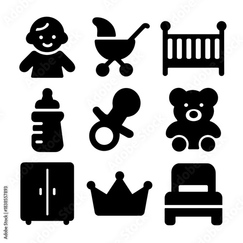 Black silhouette icons of baby essentials on gradient background