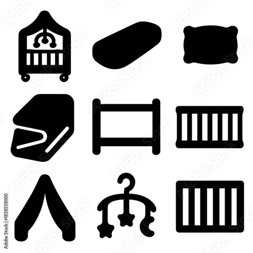Set of nursery icons: crib, pillow, blanket, tent, mobile, mattress, guardrail
