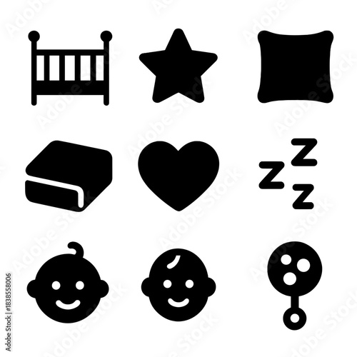 Minimalist baby sleep icons collection: crib, star, heart, and pillow symbols