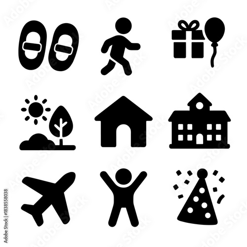 Black silhouette icons on dark background: travel, home, and celebration symbols