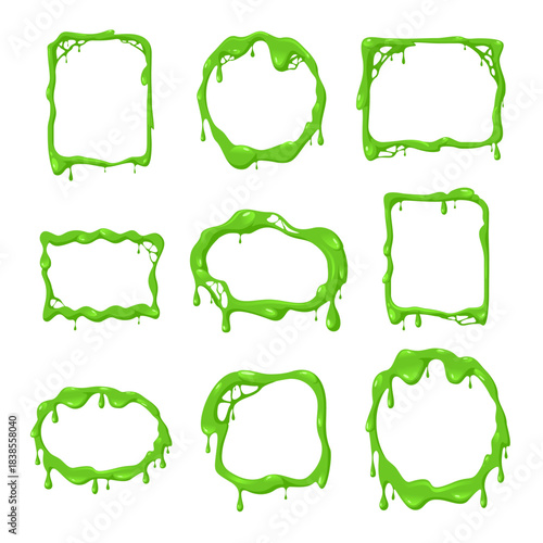 Set of nine green slime dripping frames in various geometric shapes