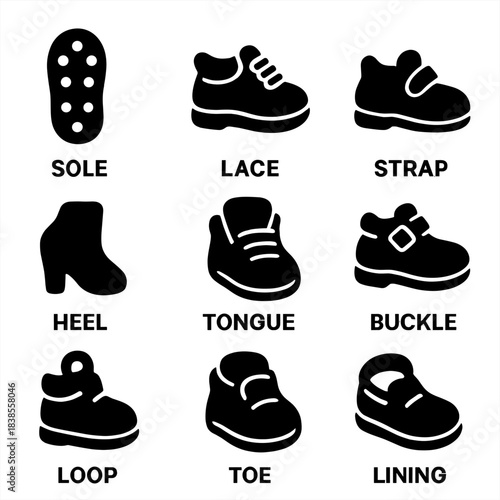 Black shoe icon set featuring sole, lace, strap, heel, and tongue designs