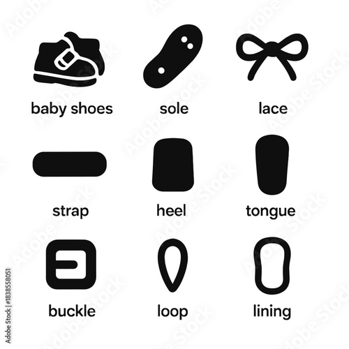 Black silhouette icons of baby shoe parts with labels for design reference
