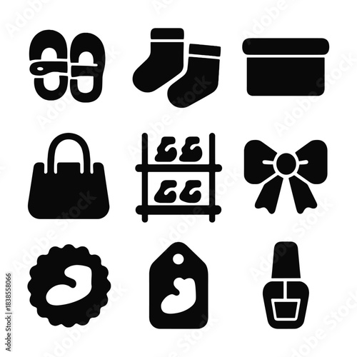 Fashion icons: footwear, accessories, beauty symbols on dark background
