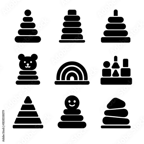 Minimalist black puzzle icons set with shapes and animal silhouettes