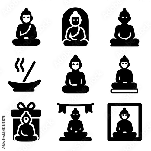 Buddha icons set on dark background featuring monochrome meditation symbols