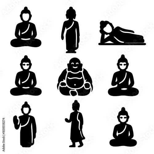 Minimalist buddha icons: nine silhouettes depicting peaceful meditation poses