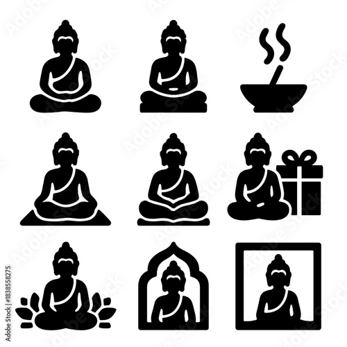 Meditative buddha icons set featuring relaxation and spiritual symbols